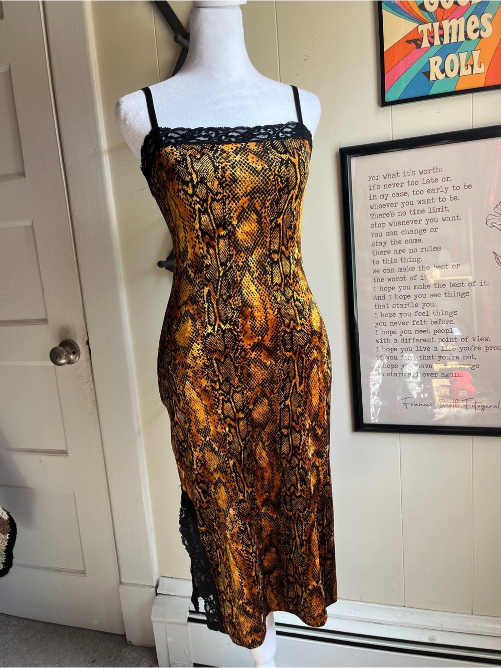 Vintage 1990s Betsy Johnson Snake Print Lace Trim Slip Dress in Yellow-Black - Picture 2 of 8